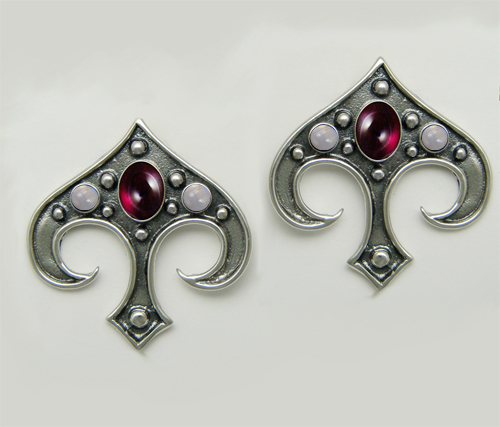 Sterling Silver Gothic Inspired Drop Dangle Earrings With Garnet And Rainbow Moonstone